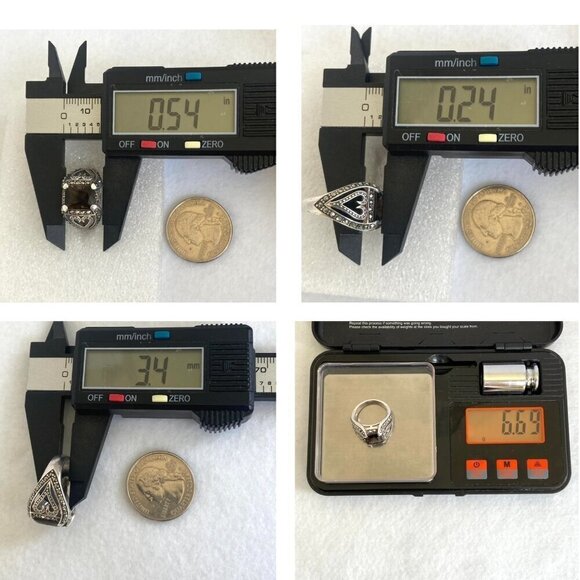 Sterling Silver 925A Rectangular Smoky Quartz & Marcasite Heart Ring Sz 5.75 - Picture 11 of 16